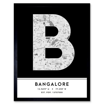 B&Q -  Framed Wall Art Bangalore India City Map Modern Typography Stylish Letter Word12X16 Inch