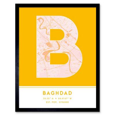 Wee Blue Coo Blue Wee Coo Framed Wall Art Baghdad Iraq City Map Modern Typography Stylish Letter Word - 12X16 Inch
