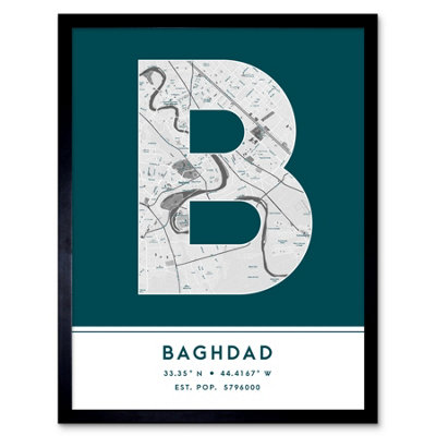 Wee Blue Coo Blue Wee Coo Framed Wall Art Baghdad Iraq City Map Modern Typography Stylish Letter Word - 12X16 Inch