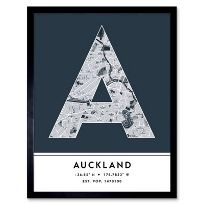 Wee Blue Coo Blue Wee Coo Framed Wall Art Auckland New Zealand City Map Modern Typography Stylish Letter Word - 12X16 Inch