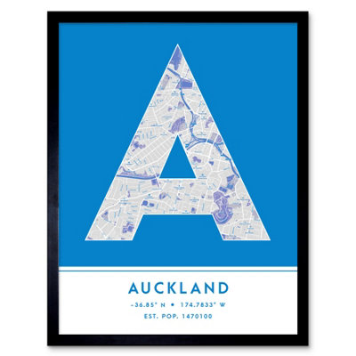 Wee Blue Coo Blue Wee Coo Framed Wall Art Auckland New Zealand City Map Modern Typography Stylish Letter Word - 12X16 Inch