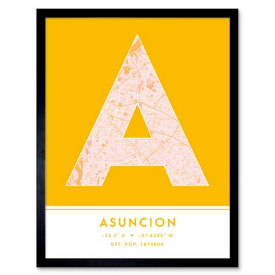 Wee Blue Coo Blue Wee Coo Framed Wall Art Asuncion Paraguay City Map Modern Typography Stylish Letter Word - 12X16 Inch