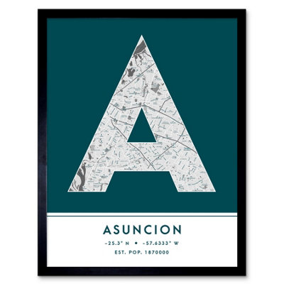 Wee Blue Coo Blue Wee Coo Framed Wall Art Asuncion Paraguay City Map Modern Typography Stylish Letter Word - 12X16 Inch