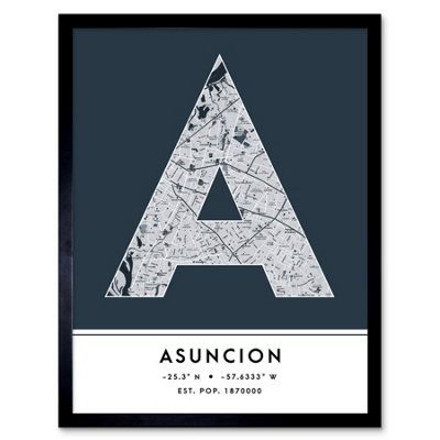 Wee Blue Coo Blue Wee Coo Framed Wall Art Asuncion Paraguay City Map Modern Typography Stylish Letter Word - 12X16 Inch