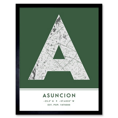Wee Blue Coo Blue Wee Coo Framed Wall Art Asuncion Paraguay City Map Modern Typography Stylish Letter Word - 12X16 Inch