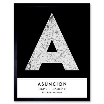 Wee Blue Coo Blue Wee Coo Framed Wall Art Asuncion Paraguay City Map Modern Typography Stylish Letter Word - 12X16 Inch