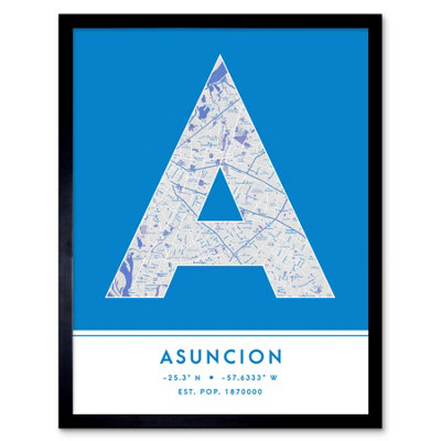 Wee Blue Coo Blue Wee Coo Framed Wall Art Asuncion Paraguay City Map Modern Typography Stylish Letter Word - 12X16 Inch