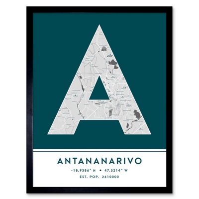 Wee Blue Coo Blue Wee Coo Framed Wall Art Antananarivo Madagascar City Map Modern Typography Stylish Letter Word - 12X16 Inch
