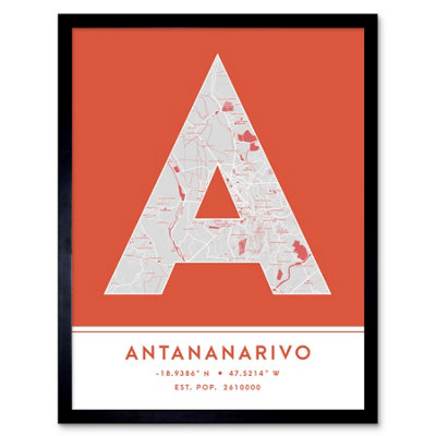 Wee Blue Coo Blue Wee Coo Framed Wall Art Antananarivo Madagascar City Map Modern Typography Stylish Letter Word - 12X16 Inch