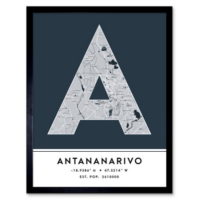 Wee Blue Coo Blue Wee Coo Framed Wall Art Antananarivo Madagascar City Map Modern Typography Stylish Letter Word - 12X16 Inch
