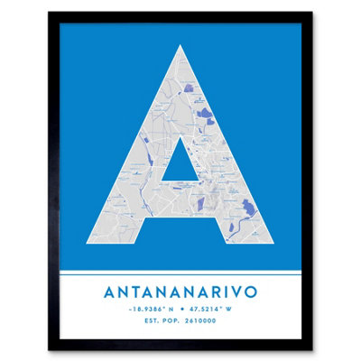 Wee Blue Coo Blue Wee Coo Framed Wall Art Antananarivo Madagascar City Map Modern Typography Stylish Letter Word - 12X16 Inch
