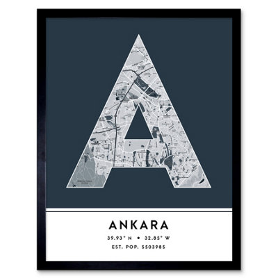 Wee Blue Coo Framed Wall Art Ankara Turkey City Map Modern Typography Stylish Letter Word12X16 Inch from B&Q