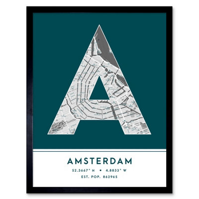 B&Q -  Framed Wall Art Amsterdam Netherlands City Map Modern Typography Stylish Letter Word12X16 Inch