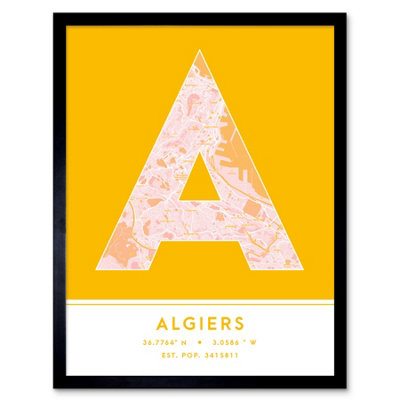 Wee Blue Coo Blue Wee Coo Framed Wall Art Algiers Algeria City Map Modern Typography Stylish Letter Word - 12X16 Inch