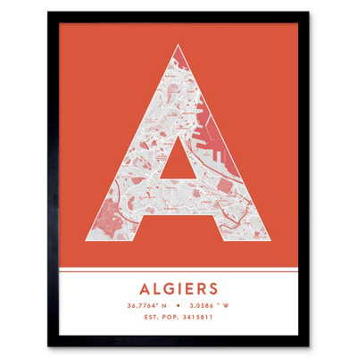 Wee Blue Coo Blue Wee Coo Framed Wall Art Algiers Algeria City Map Modern Typography Stylish Letter Word - 12X16 Inch
