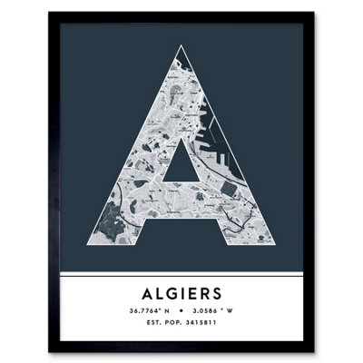 Wee Blue Coo Blue Wee Coo Framed Wall Art Algiers Algeria City Map Modern Typography Stylish Letter Word - 12X16 Inch