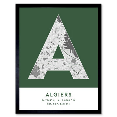 Wee Blue Coo Blue Wee Coo Framed Wall Art Algiers Algeria City Map Modern Typography Stylish Letter Word - 12X16 Inch