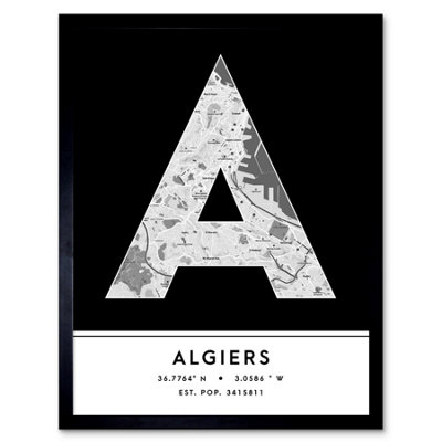 Wee Blue Coo Blue Wee Coo Framed Wall Art Algiers Algeria City Map Modern Typography Stylish Letter Word - 12X16 Inch