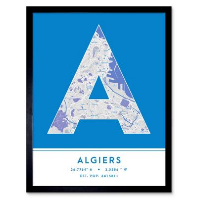 Wee Blue Coo Blue Wee Coo Framed Wall Art Algiers Algeria City Map Modern Typography Stylish Letter Word - 12X16 Inch