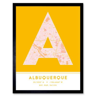 Wee Blue Coo Blue Wee Coo Framed Wall Art Albuquerque New Mexico United States City Map Modern Typography Stylish Letter Word - 12X16 Inch