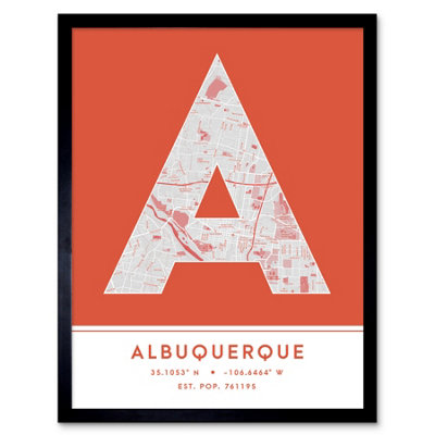 Wee Blue Coo Blue Wee Coo Framed Wall Art Albuquerque New Mexico United States City Map Modern Typography Stylish Letter Word - 12X16 Inch