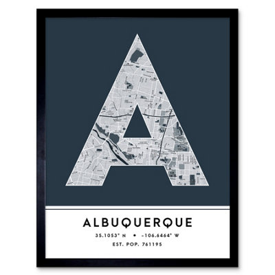 Wee Blue Coo Blue Wee Coo Framed Wall Art Albuquerque New Mexico United States City Map Modern Typography Stylish Letter Word - 12X16 Inch