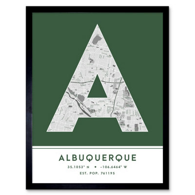 Wee Blue Coo Blue Wee Coo Framed Wall Art Albuquerque New Mexico United States City Map Modern Typography Stylish Letter Word - 12X16 Inch