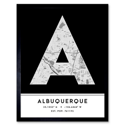 Wee Blue Coo Blue Wee Coo Framed Wall Art Albuquerque New Mexico United States City Map Modern Typography Stylish Letter Word - 12X16 Inch