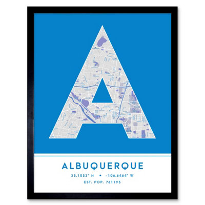 Wee Blue Coo Blue Wee Coo Framed Wall Art Albuquerque New Mexico United States City Map Modern Typography Stylish Letter Word - 12X16 Inch