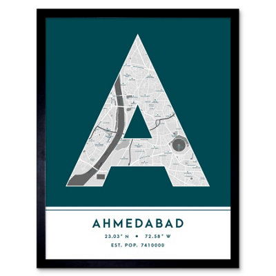 B&Q -  Framed Wall Art Ahmedabad India City Map Modern Typography Stylish Letter Word12X16 Inch