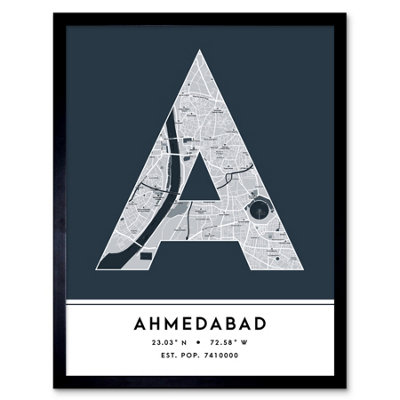 Wee Blue Coo Blue Wee Coo Framed Wall Art Ahmedabad India City Map Modern Typography Stylish Letter Word - 12X16 Inch