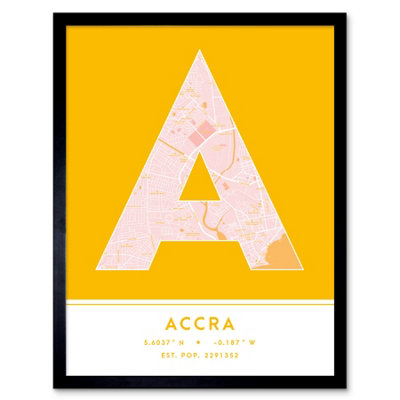 Wee Blue Coo Blue Wee Coo Framed Wall Art Accra Ghana City Map Modern Typography Stylish Letter Word - 12X16 Inch