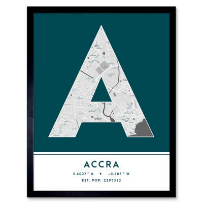 Wee Blue Coo Framed Wall Art Accra Ghana City Map Modern Typography Stylish Letter Word12X16 Inch from B&Q