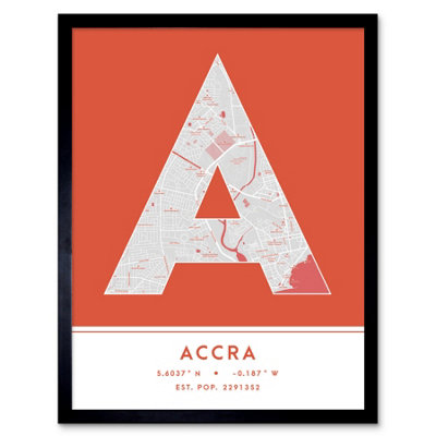 Wee Blue Coo Blue Wee Coo Framed Wall Art Accra Ghana City Map Modern Typography Stylish Letter Word - 12X16 Inch