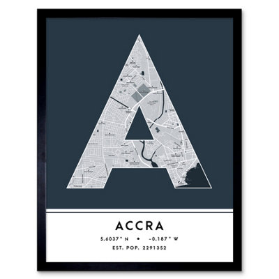 Wee Blue Coo Blue Wee Coo Framed Wall Art Accra Ghana City Map Modern Typography Stylish Letter Word - 12X16 Inch