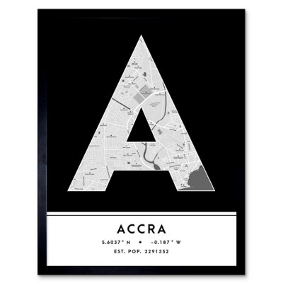 Wee Blue Coo Blue Wee Coo Framed Wall Art Accra Ghana City Map Modern Typography Stylish Letter Word - 12X16 Inch