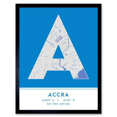 Wee Blue Coo Blue Wee Coo Framed Wall Art Accra Ghana City Map Modern Typography Stylish Letter Word - 12X16 Inch