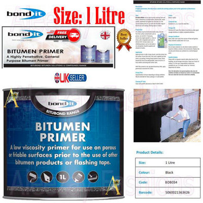 Bond It Bitubond Range Bitumen Roofing & Flashing Primer Solution Black 1L Litre from B&Q
