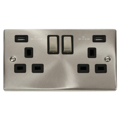 Click Scolmore Click Vpsc580Bk Deco 13A 2 Gang Double Socket With Twin 2.1A Usb Type A Satin Chrome from B&Q
