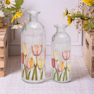 Annibells Floral Vintage Clear Glass Bottle Bud VasesSet Of 2 Sizes