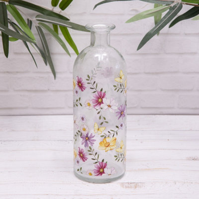 Annibells Meadow Floral Vintage Clear Glass Bottle Bud Vases (17699)Large
