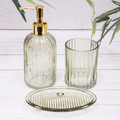 Annibells 3 Ribbed Glass Bathroom Soap Dispenser Set (15362)Green