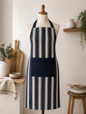  - Bellissimo Home Cotton Stripe Apron With Pocket. Available In Navy And Grey.