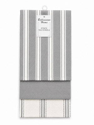  - Bellissimo Home Grey Cotton 3 Pack Tea Towel. 1 Flat Stripe 1 Terry Check And 1 Grey Waffle