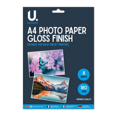B&Q -  8 Gloss A4 Photo Paper Sheets Pack Key Features Glossy Photo Finish Smooth High Shine Surface For Vibrant Colours And Sharp Image