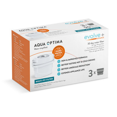 Aqua Optima Water Filter Cartridge, Evolve+ Advance, Engineered For Hard Water & Better Limescale Reduction, 3 Pack