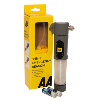 Aa Red/White 3-In-1 Emergency Beacon, Torch, Window Hammer, And Belt Cutter