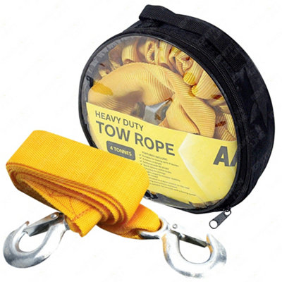 Aa Yellow Heavy Duty Tow Rope 4T Tonne Metal Hooks Strong Rope Car Van Strap 4M
