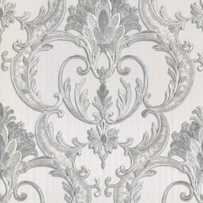 Debona Perla Heavyweight Damask Grey Textured Italian Glitter Wallpaper 9091 from B&Q