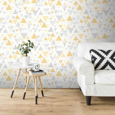 Triangle Geometric Metallic Wallpaper Yellow Grey Silver Marble Pastel Debona - Image 4